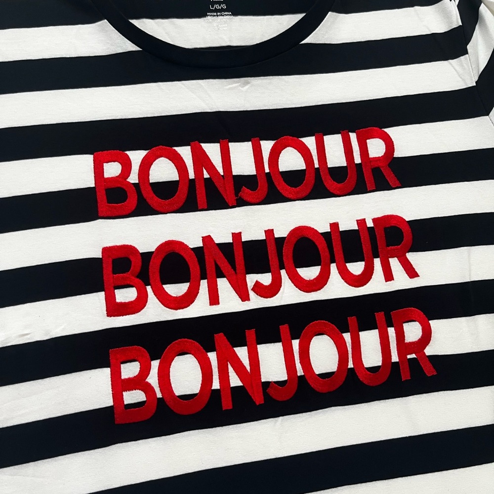 New Karl Lagerfeld Black and White Striped Tee with Red Bonjour - Picture 6 of 7